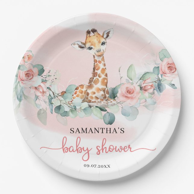 Jungle Safari Giraffe Eucalyptus Girl Baby Shower  Paper Plate (Front)