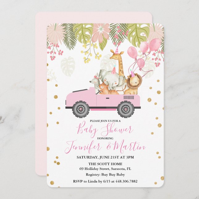 Jungle Safari Girl Baby Shower Invitation (Front/Back)