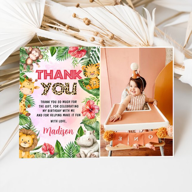 Jungle Safari Girl Birthday Party Photo Thank You Card (Creator Uploaded)