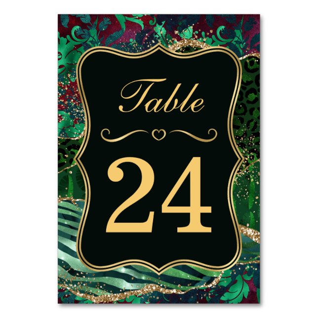 Jungle Safari Green Glitter Wedding Table Number (Front)
