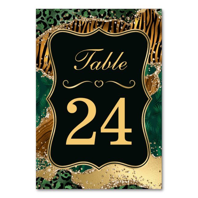 Jungle Safari Green Glitter Wedding Table Number (Front)