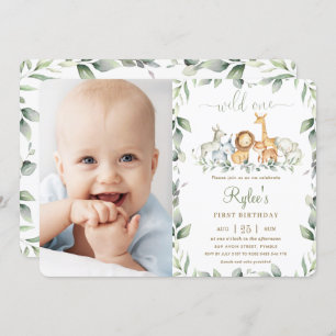 Jungle Safari Greenery 1st Birthday Wild One Photo Invitation