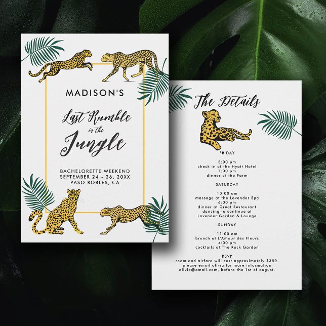 Jungle Safari Leaf Cheetah Bachelorette Itinerary Invitation (safari jungle cheetah print last rumble bachelorette party itinerary invitation tropical leaf chic)