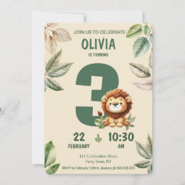 Jungle Safari Lion and Leaves Birthday Invitation