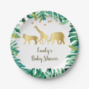 Jungle safari paper plate baby shower green gold