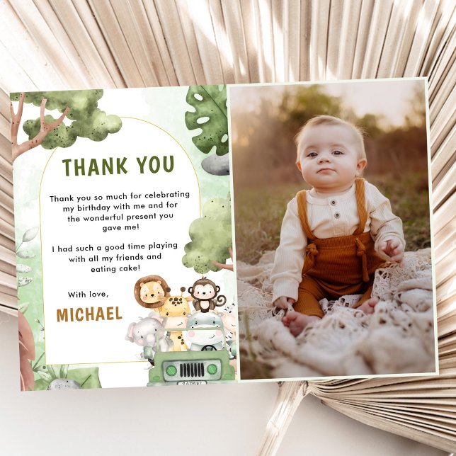 Jungle Safari Party Animals Birthday Photo Thank You Card (Creator Uploaded)