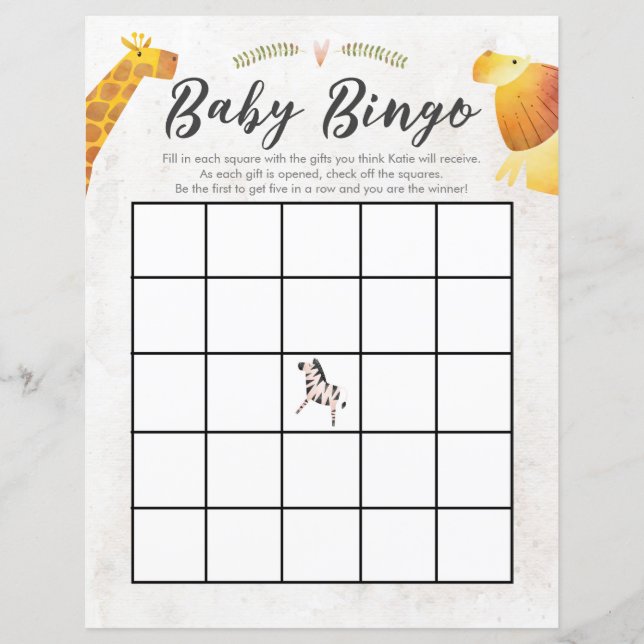 Jungle & Safari Theme Baby Bingo Baby Shower Game (Front)