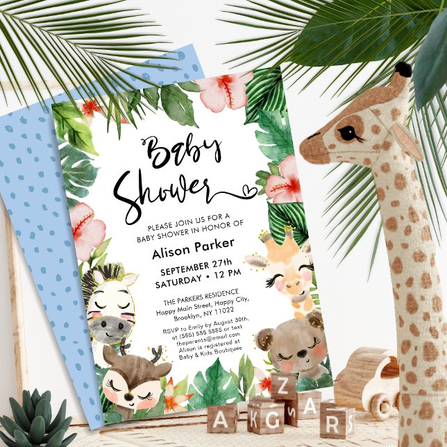 Jungle Safari Tropical Floral Greenery Baby Shower Invitation (Creator Uploaded)
