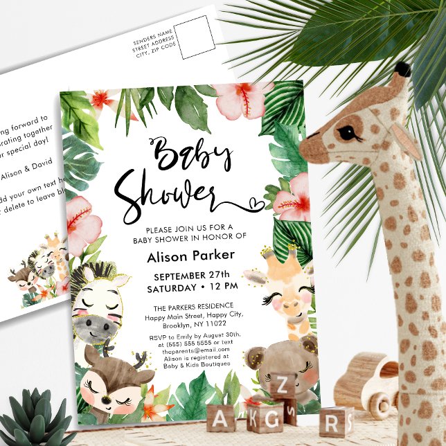 Jungle Safari Tropical Floral Greenery Baby Shower Invitation Postcard (Creator Uploaded)
