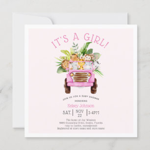 Jungle Safari Truck It's a Girl Pink Baby Shower Invitation