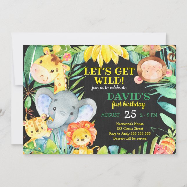 Jungle Safari Watercolor Cute Boy First Birthday Invitation (Front)
