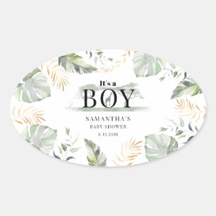 Jungle Safari Watercolor Giraffe Boy Baby Shower Oval Sticker