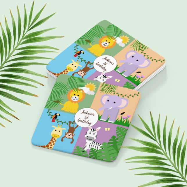 Jungle Safari Wild Animal Kids Birthday Colourful Square Paper Coaster (Creator Uploaded)