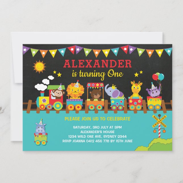 Jungle Safari Wild Animals on Train 1st Birthday Invitation (Front)