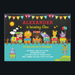 Jungle Safari Wild Animals on Train 1st Birthday Invitation<br><div class="desc">Cute birthday invitation featuring adorable jungle animals on a whimsical train - monkey,  lion,  elephant,  giraffe and a hippo. The wording is fully customizable. If you want to change the font style,  colors or text placement simply click the "Click to Customize Further" button.</div>