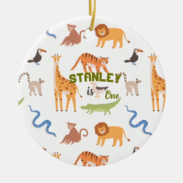Jungle Safari Wild Animals Personalised Birthday Ceramic Ornament (Front)