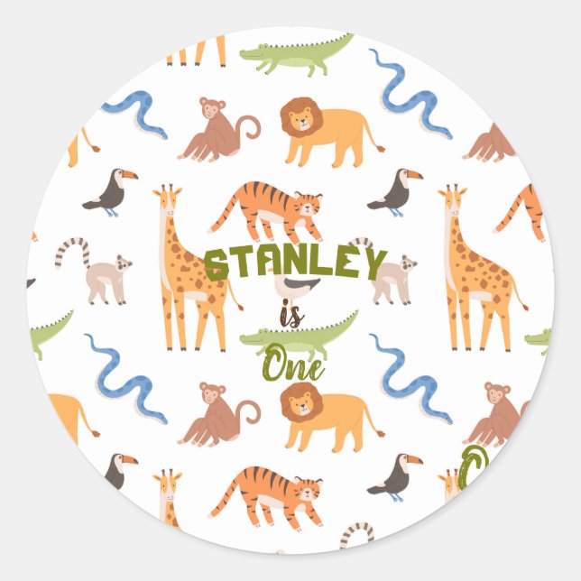 Jungle Safari Wild Animals Personalised Birthday Classic Round Sticker (Front)