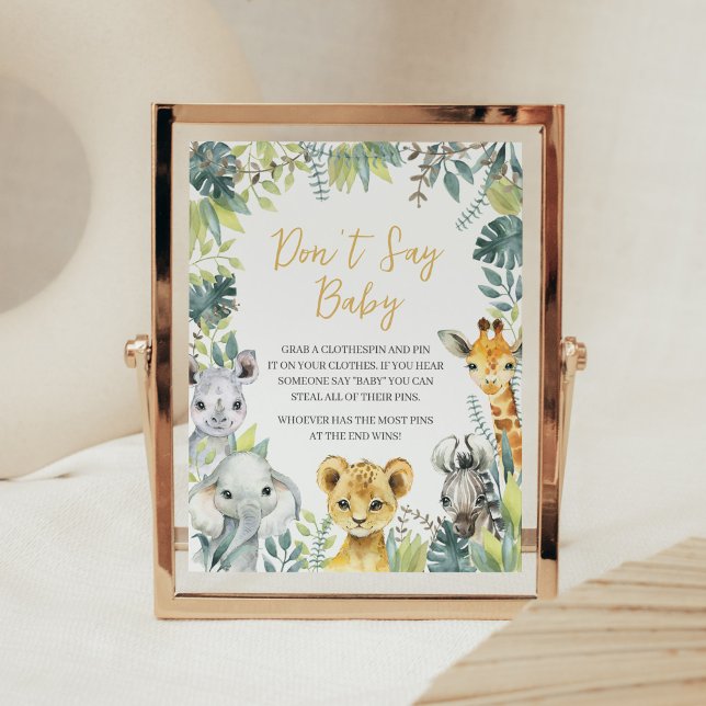 Jungle Safari Wild One Baby Shower Don't Say Baby Poster (Greenery Safari Animals Baby Shower Don't Say Baby Sign)