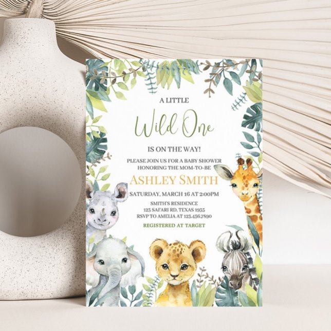 Jungle Safari Wild One Baby Shower  Invitation (Greenery Safari Animals Baby Shower Invitation)