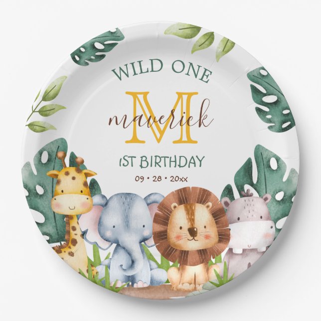Jungle Safari Wild One Themed 1st Birthday Paper Plate (Front)