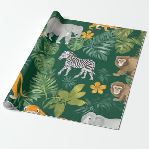 Jungle safari wrapping paper with golden flowers
