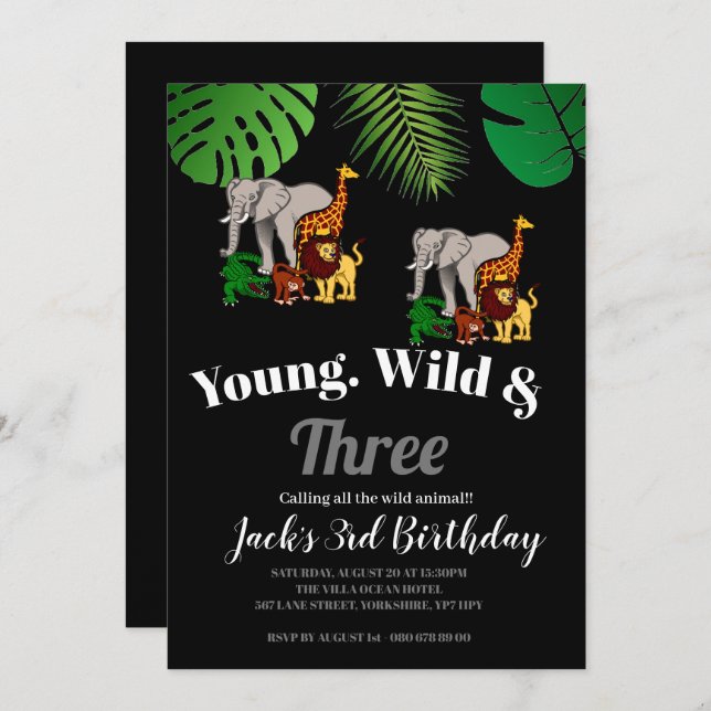 Jungle Safari Young Wild & Three 3rd birthday  Invitation (Front/Back)