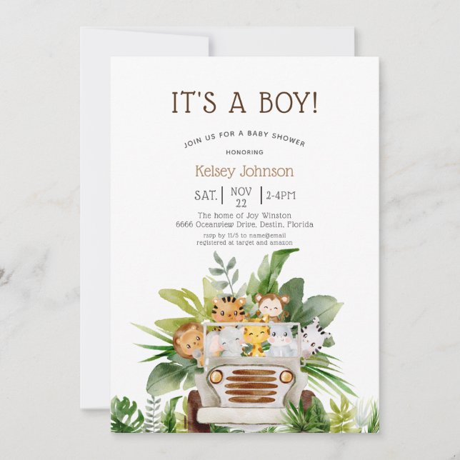 Jungle Safari Zoo Animals Boy Baby Shower Invitation (Front)