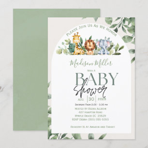 Jungle Sarfari Animals Green Leaves Baby Shower Invitation