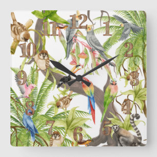 Jungle Scene Tropical Birds, Critters, Foliage Square Wall Clock