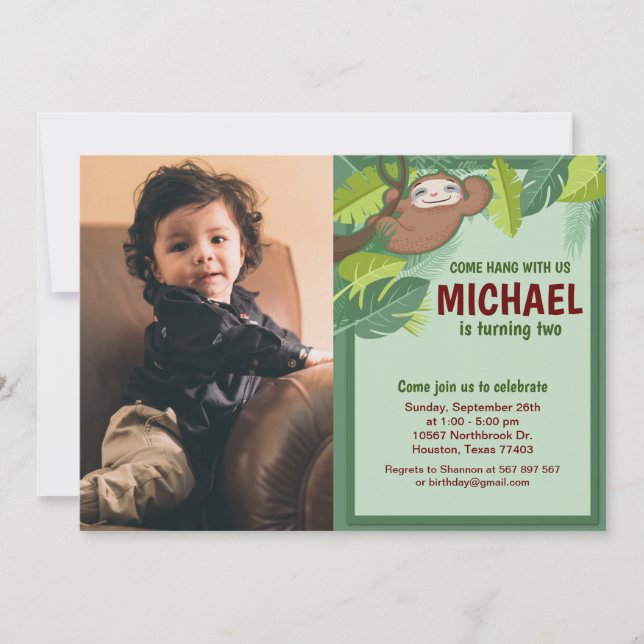 Jungle Sloth Birthday Photo Invitation (Front)