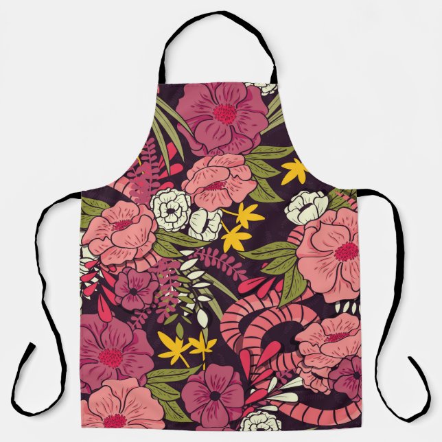 Jungle snakes, tropical flowers, vintage pattern. apron (Front)