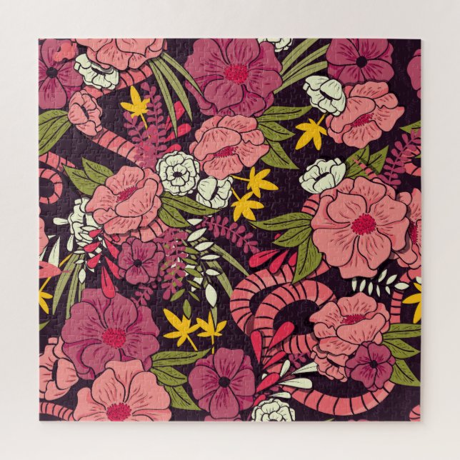 Jungle snakes, tropical flowers, vintage pattern. jigsaw puzzle (Vertical)