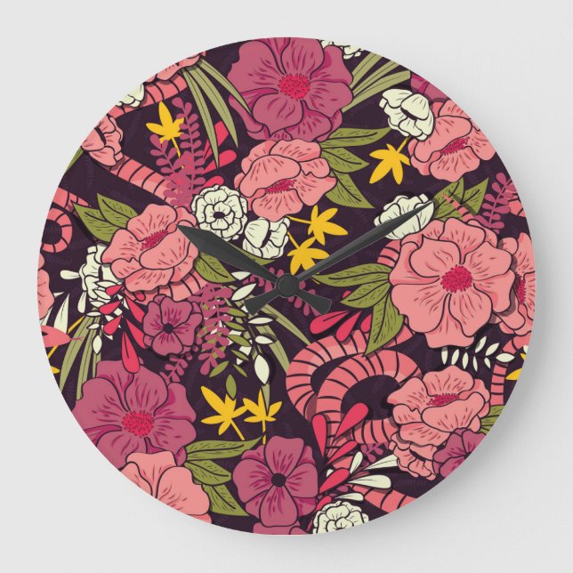 Jungle snakes, tropical flowers, vintage pattern. large clock (Front)