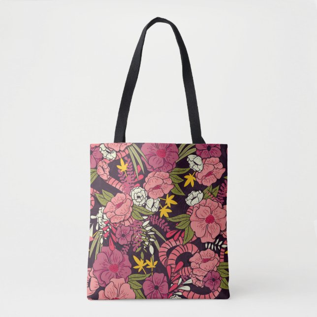 Jungle snakes, tropical flowers, vintage pattern. tote bag (Front)