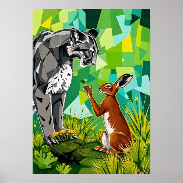 Jungle Standoff – Geometric Cougar and Rabbit Poster (Front)