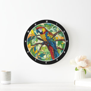 Jungle Symphony" - Stained Glass Macaw Wall Large Clock