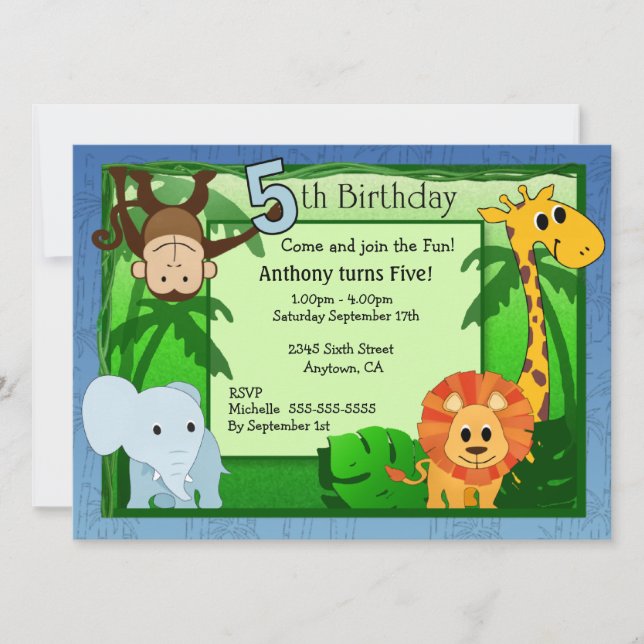 Jungle Theme 5th Birthday Invitation (Front)