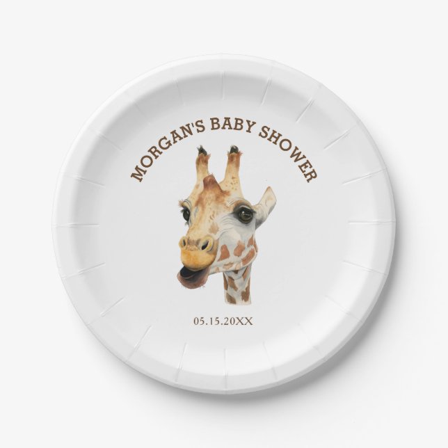 Jungle Theme Watercolor Giraffe Baby Shower Paper Plate (Front)