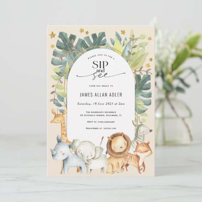jungle themed gender neutral sip and see invitation (Standing Front)