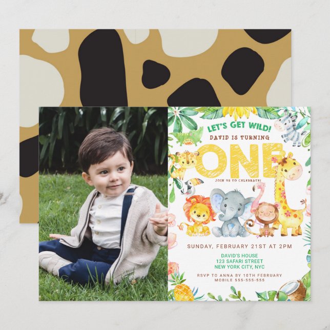 Jungle Themed Safari 1st Birthday Boy Picture  Invitation (Front/Back)