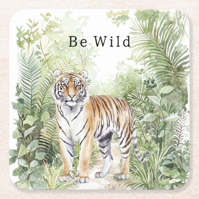 Jungle Tiger Birthday Square Paper Coaster (Front)
