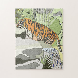 Jungle Tiger in a Waterfall Jigsaw Puzzle