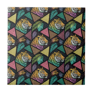 Jungle Tiger Neon Pop Art Geometric Animal Pattern Ceramic Tile