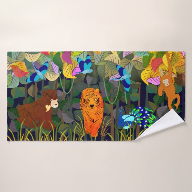 Jungle Tiger Sun Bear Peacock Monkey Indian Roller Bath Towel Set (Bath Towel)