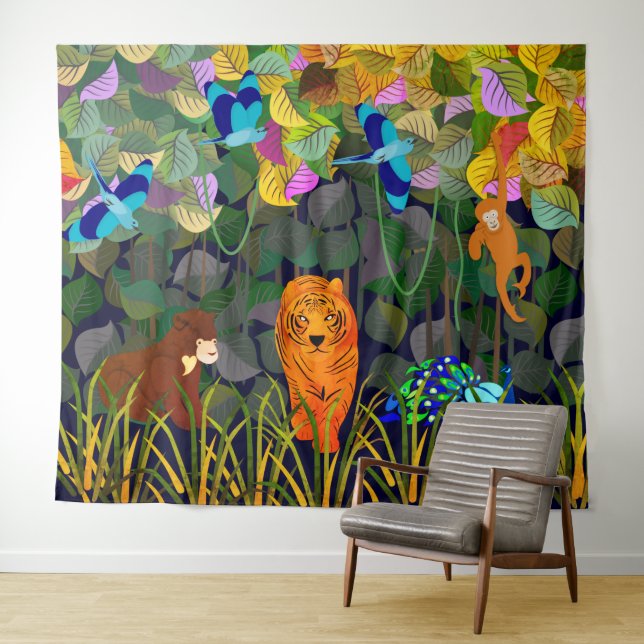 Jungle Tiger Sun Bear Peacock Monkey Indian Roller Tapestry (In Situ (Horizontal))