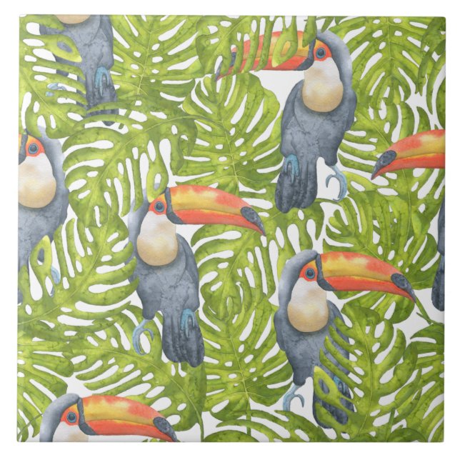 Jungle Toucan Bird Trees Pattern Ceramic Tile (Front)