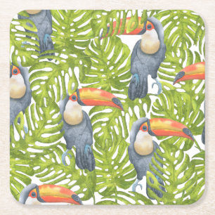 Jungle Toucan Bird Trees Pattern Square Paper Coaster