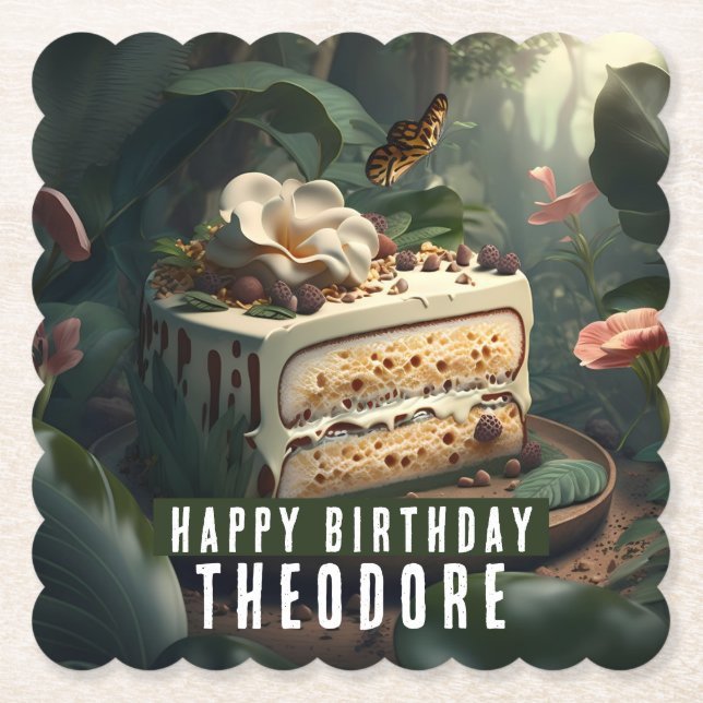Jungle Tropical Forest Birthday Cake -  Paper Coaster (Front)