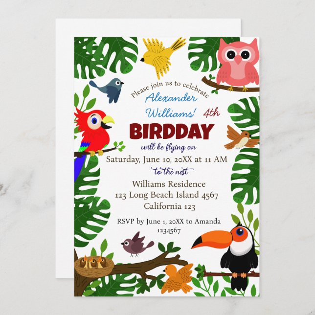 Jungle Tropical Green Summer Kids Bird Birthday  Invitation (Front/Back)