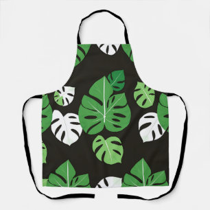 Jungle Tropical Monstera Leaves Black Background Apron